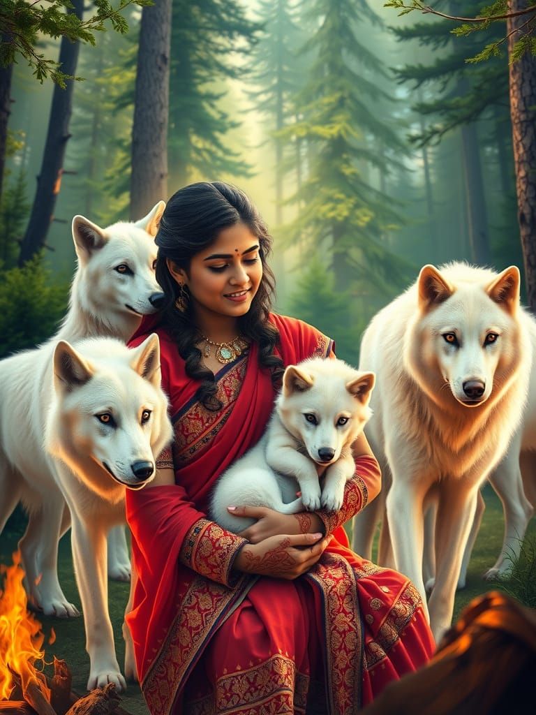 Beautiful Indian Girl Surrounded by Majestic White Wolves, B...