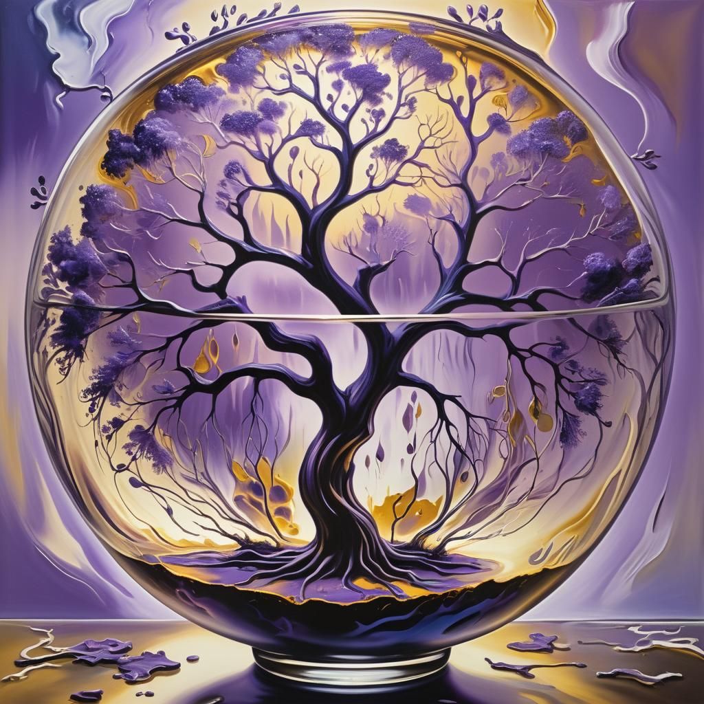 Surreal Purple Tree in Glass Bowl Oil Painting