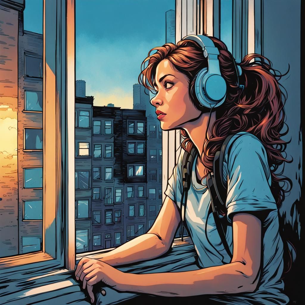 Girl with Headphones Awaits Sunrise: Comic Book Art