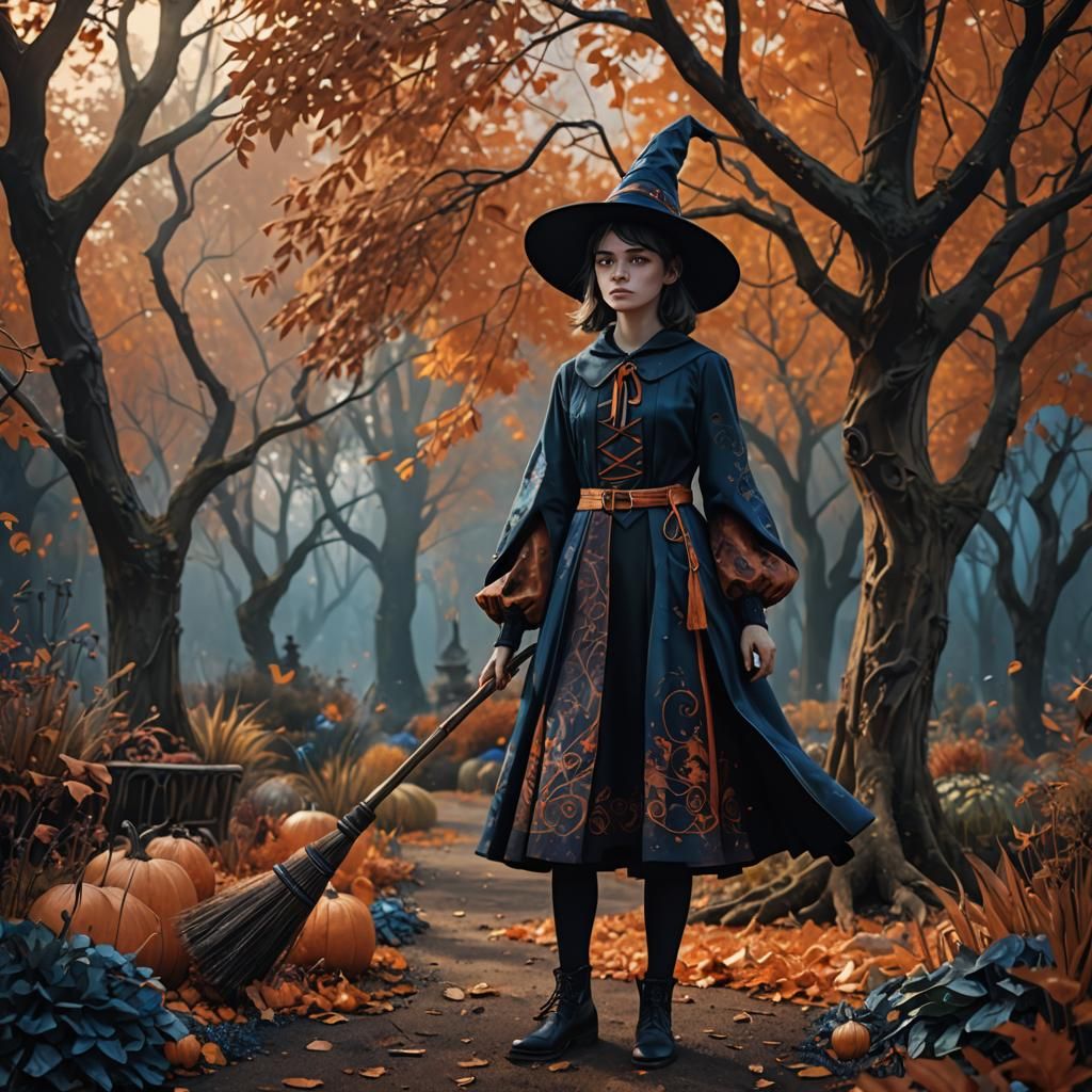 Boy in Witch Costume in Autumn Garden, Digital Art