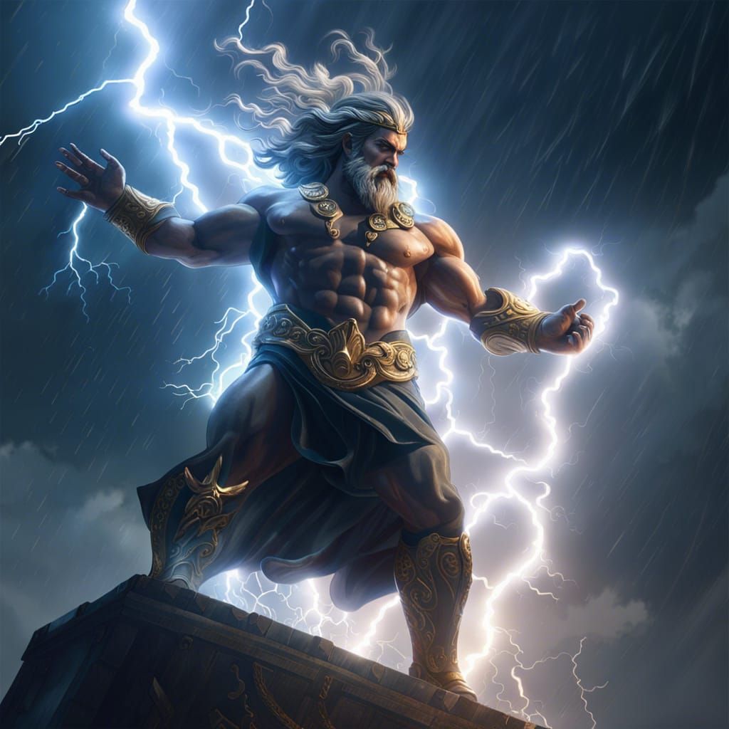 Zeus Wielding Lightning in Dark Fantasy Art