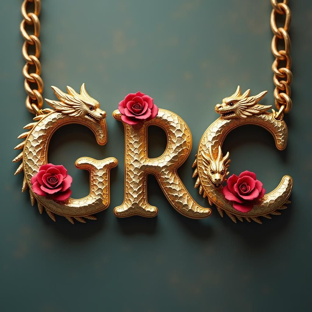 Golden Dragon Necklace with Roses, Gothic Style