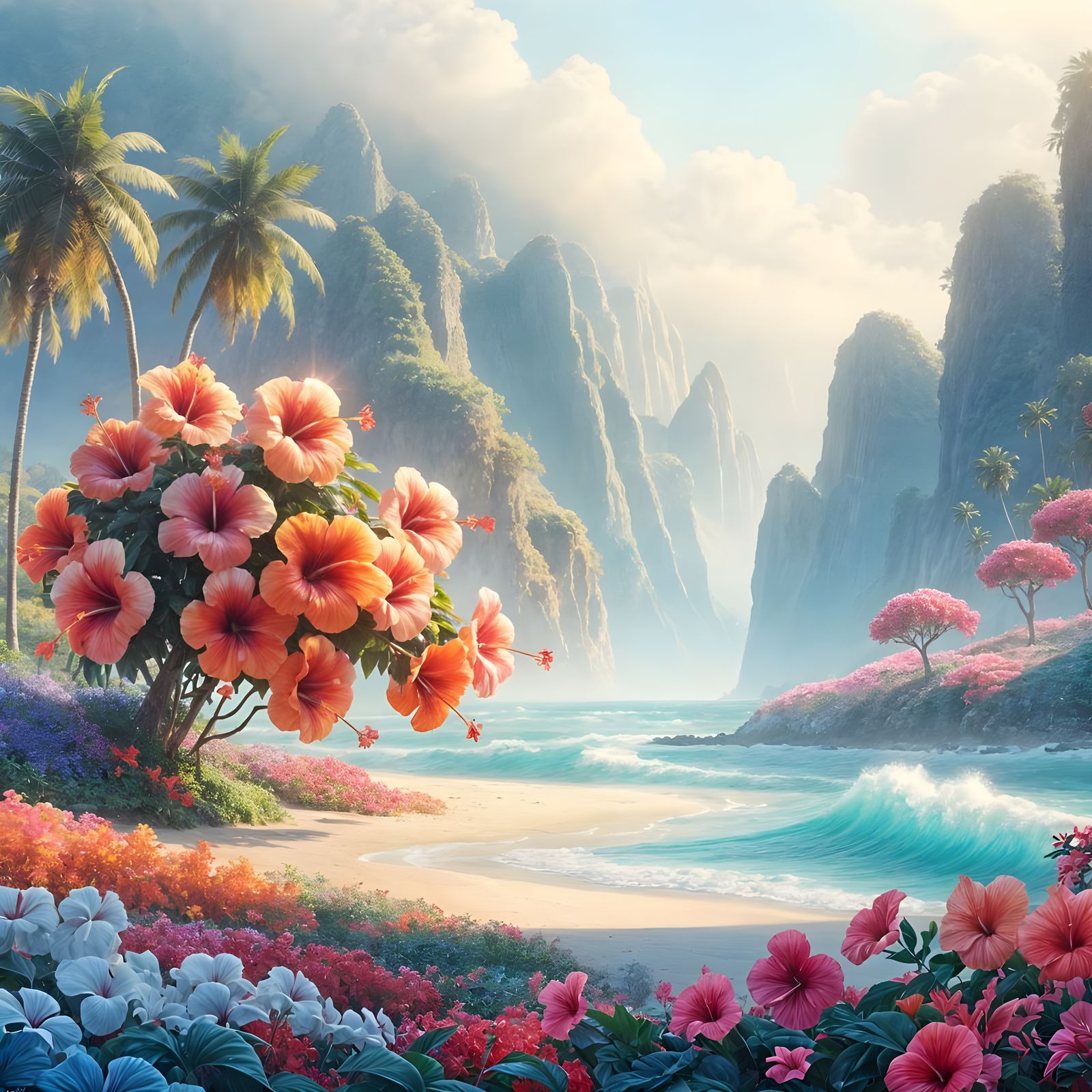 Hyperrealistic Cartoon Hibiscus Flowers on Hawaiian Beach