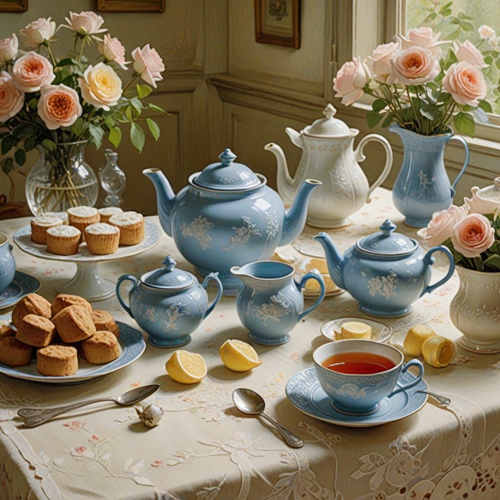 Elegant Pale Blue Jasperware Tea Set in a Sunlit English Gar...