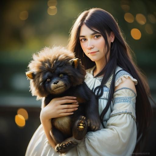 Girl Hugging Monster in Art Nouveau Style