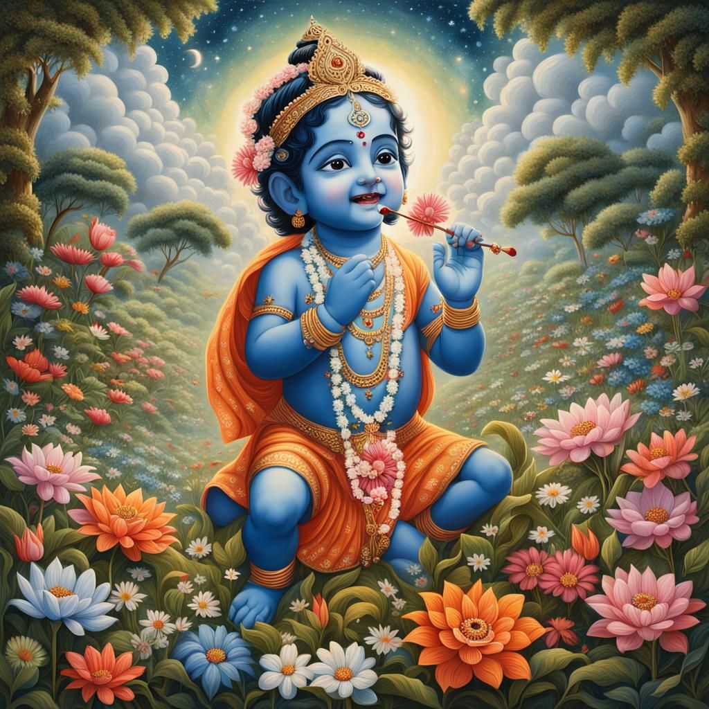 Little Krishna and Yashoda in Mystical Meadow