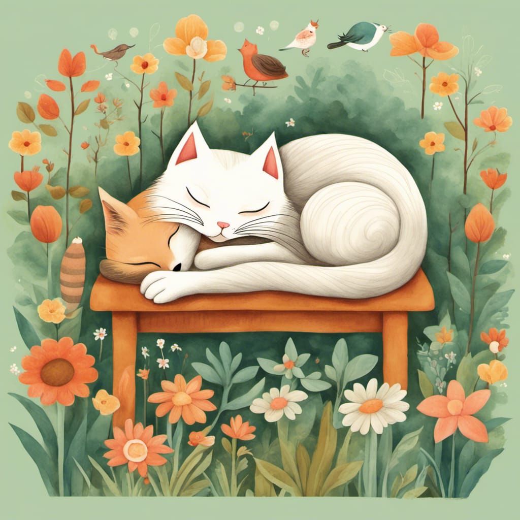 Cat Nap in Dreamy Summer Garden, Digital Illustration