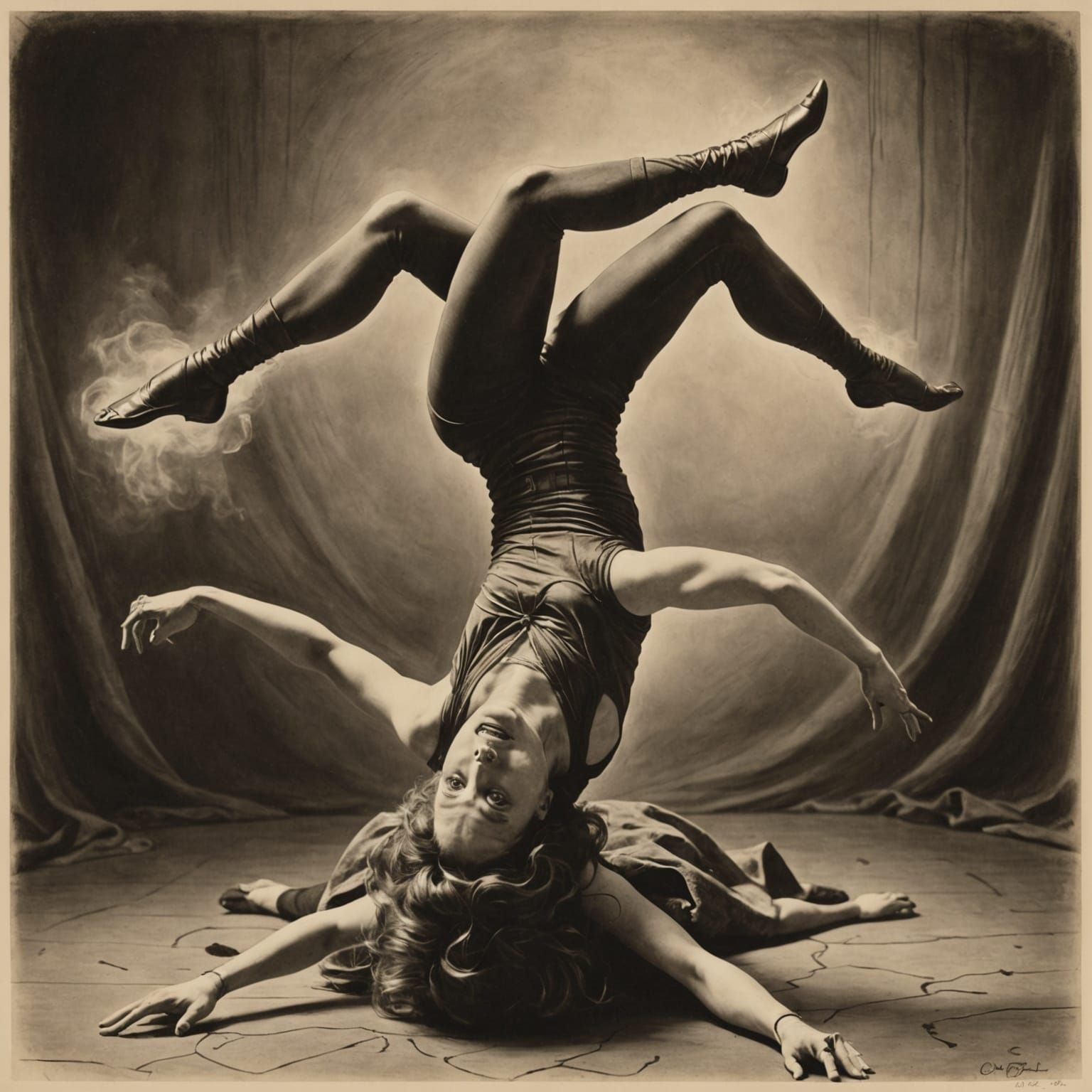 Dancing Contortionist and Animal in Sepia Vintage Style