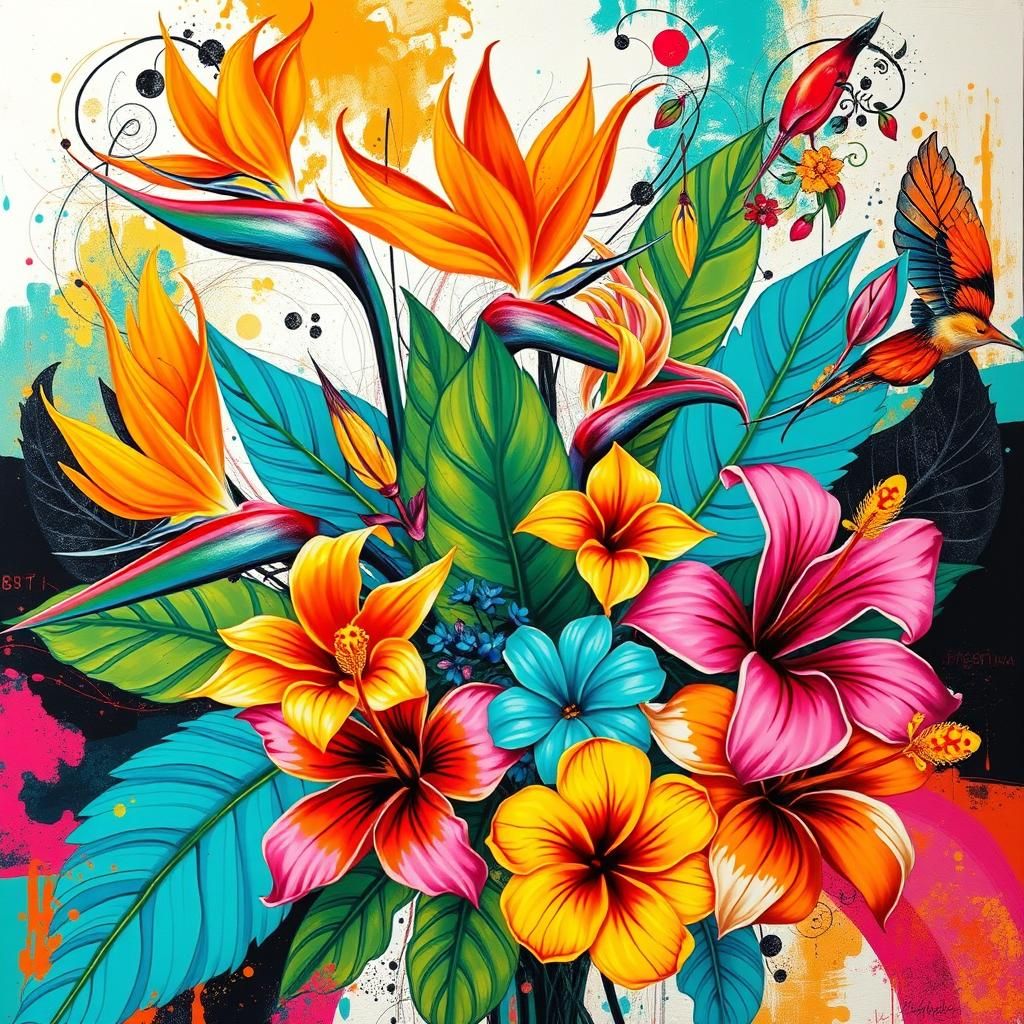 Exotic Tropical Flowers in Abstract Expressionist Style