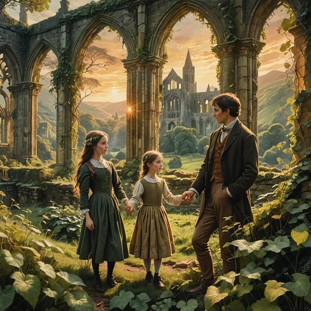 Wordsworth and Sister at Tintern Abbey in Golden Light