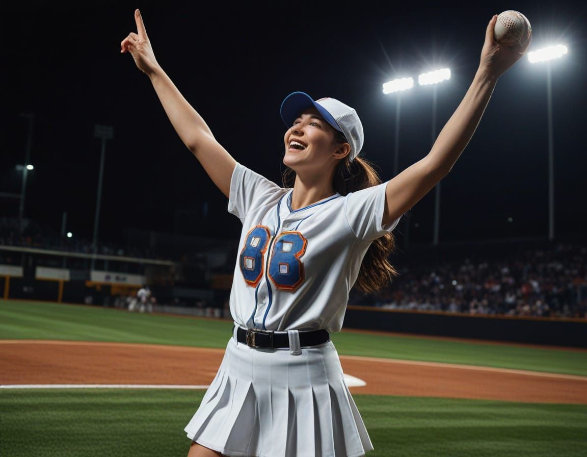Woman Baseball Player in Retro Stadium Style