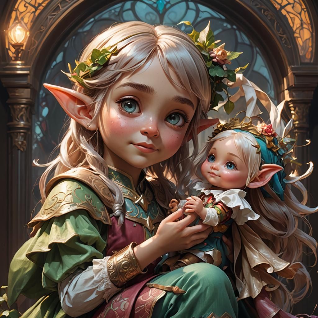 Cute little elf girl playing with a doll