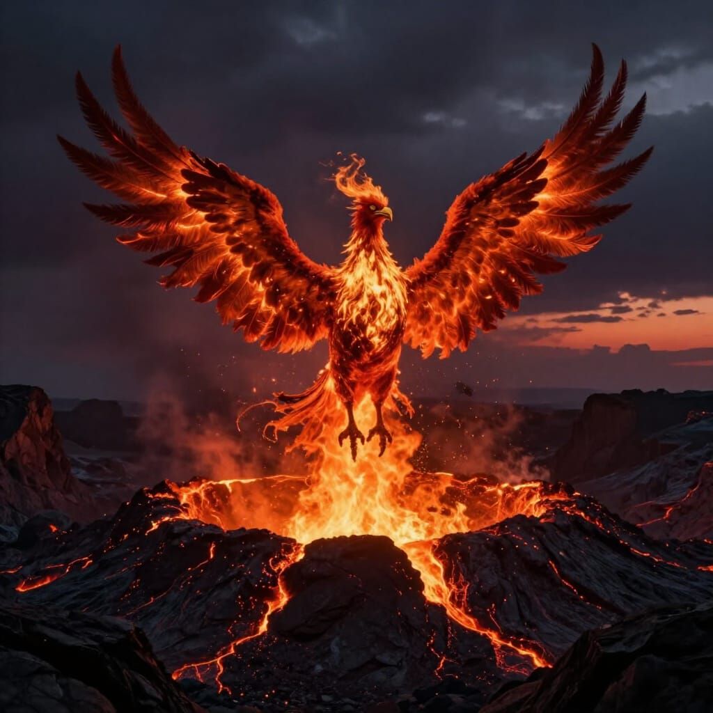 Majestic Lava Phoenix Rises from Volcanic Crater
