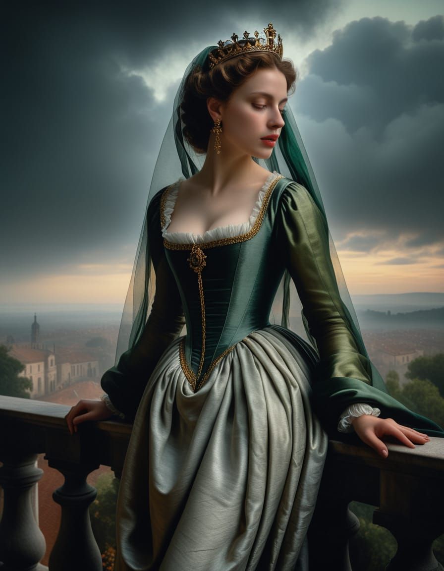 Baroque Princess in a Misty Cityscape