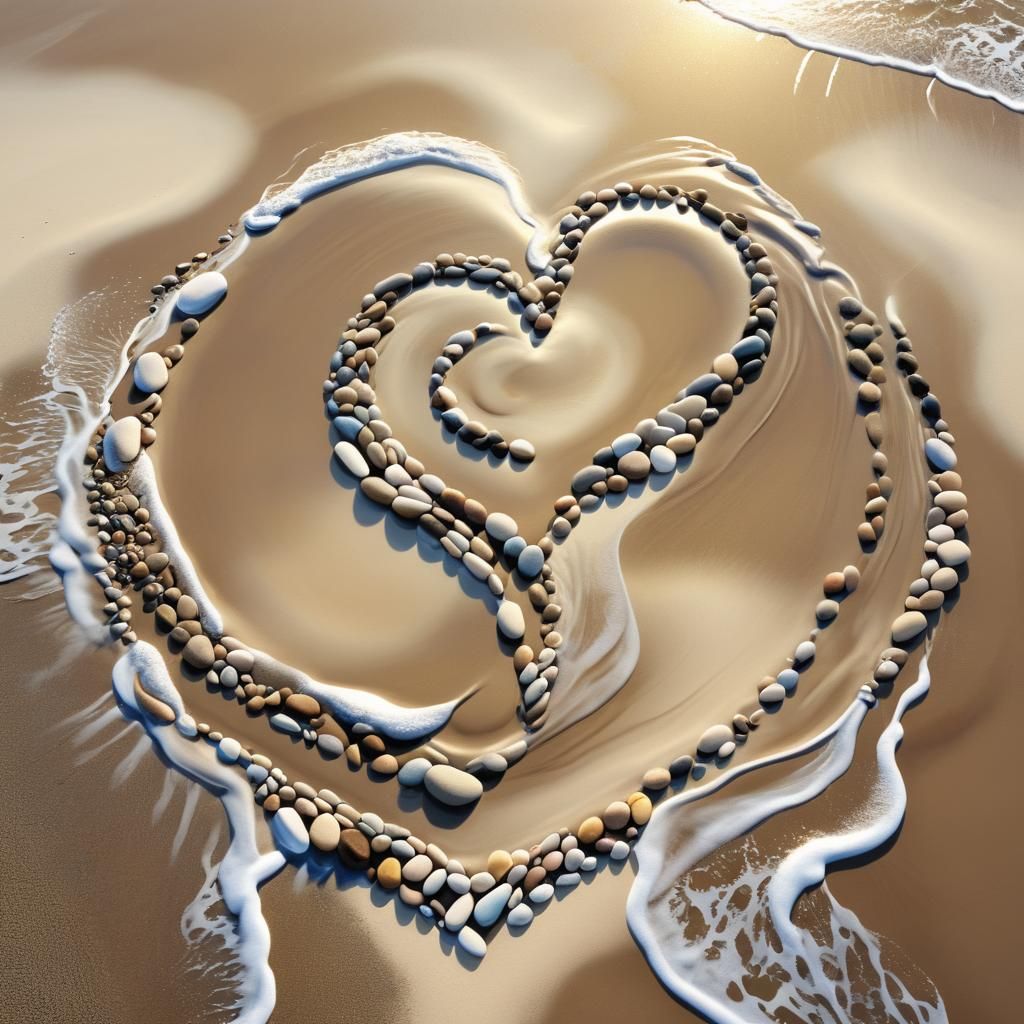 Heart-Shaped Stones on a Serene Beach