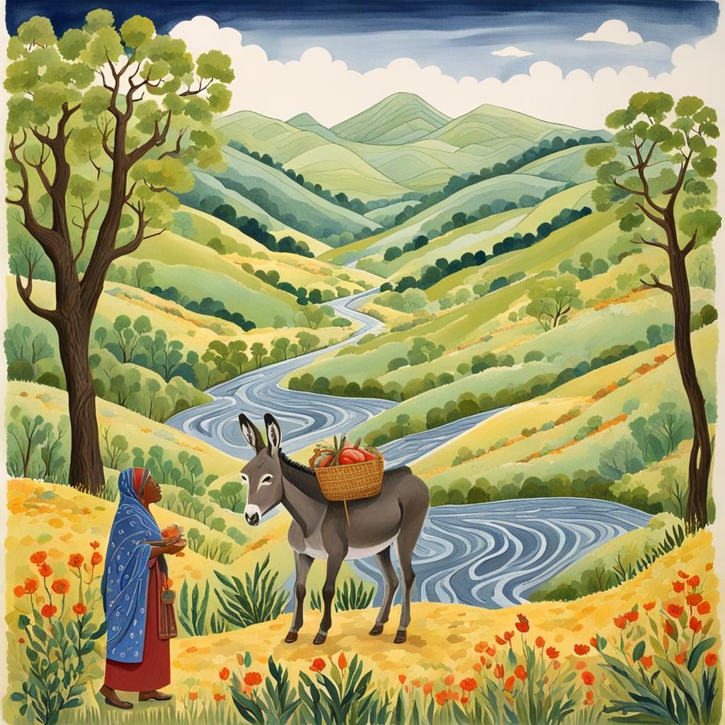 Gouache Painting: Woman Provides Water to Animals