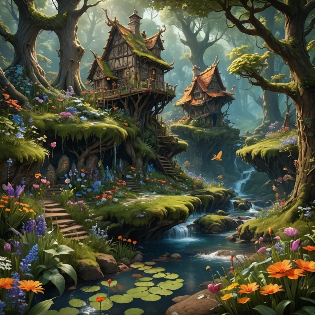 Fairytale House in Forest with Elves and Fairies