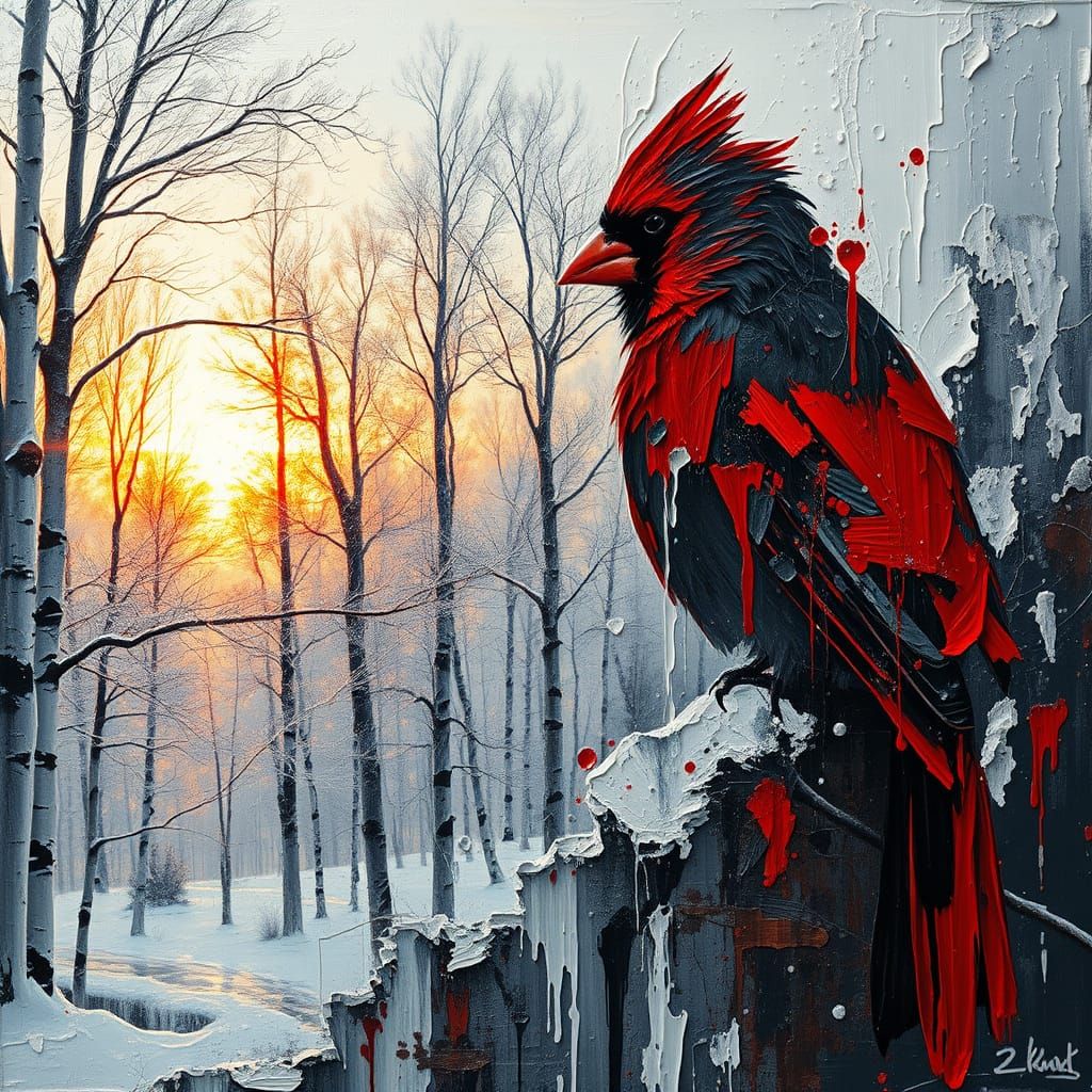 Cardinal Silhouette in Melting Impasto Winter Forest