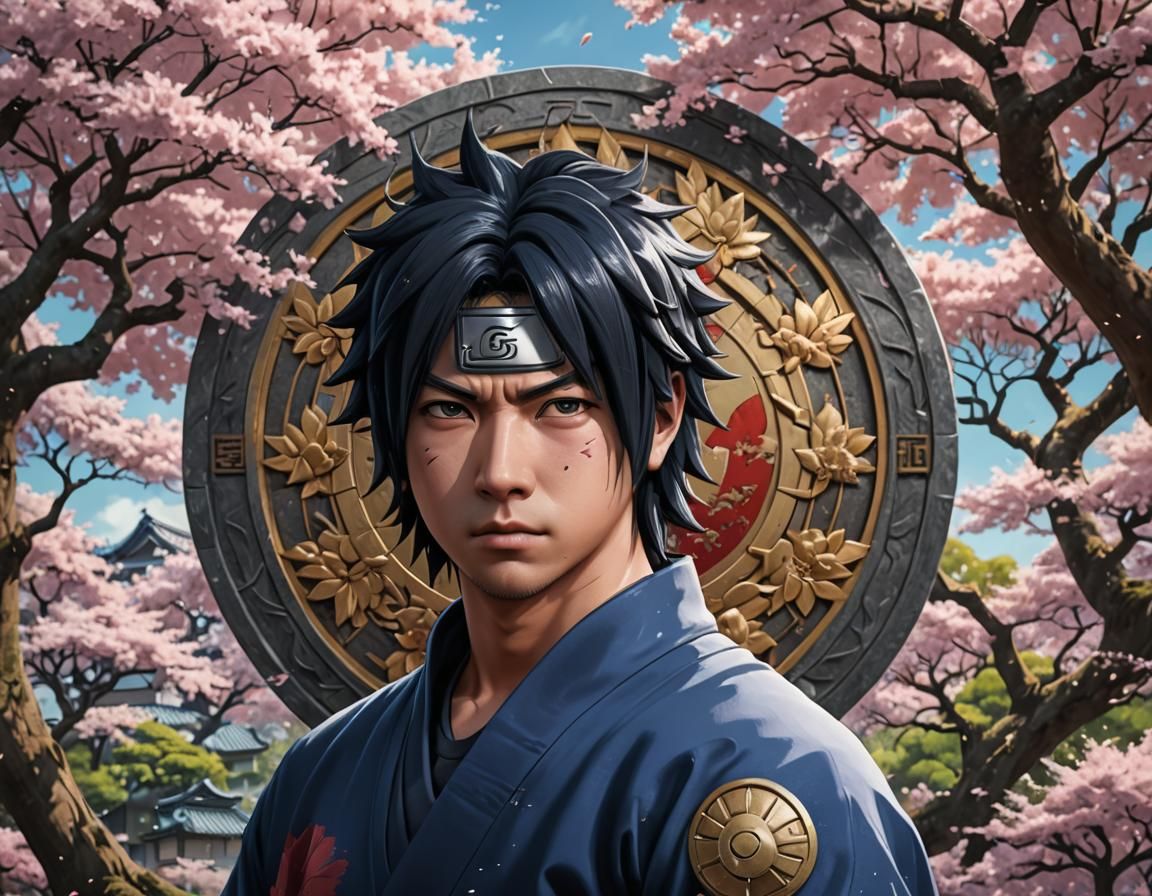 Sasuke Uchiha in Hyperrealistic Blossom Tree Scene