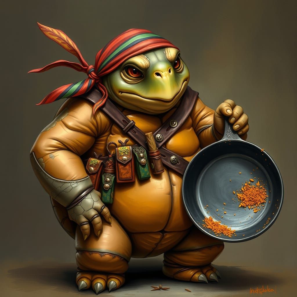 Earth-Toned Tortle Wears Striped Bandana and Wields Cast Iro...