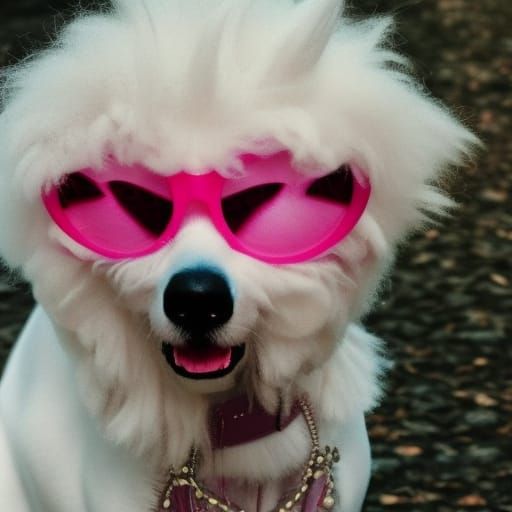 Fluffy White Dog with Pink Glasses
