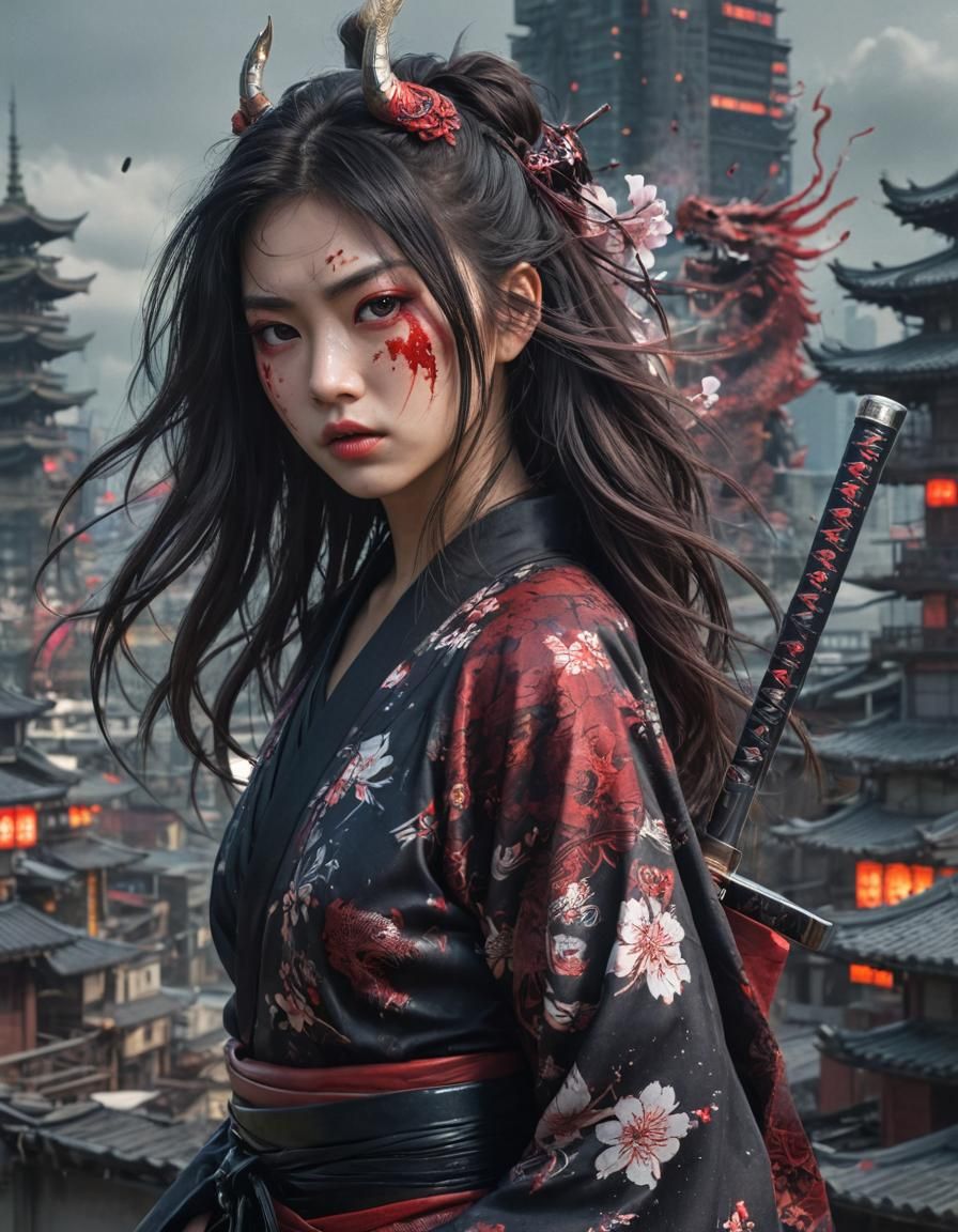 Fierce Samurai in Retro Japanese Pulp Style