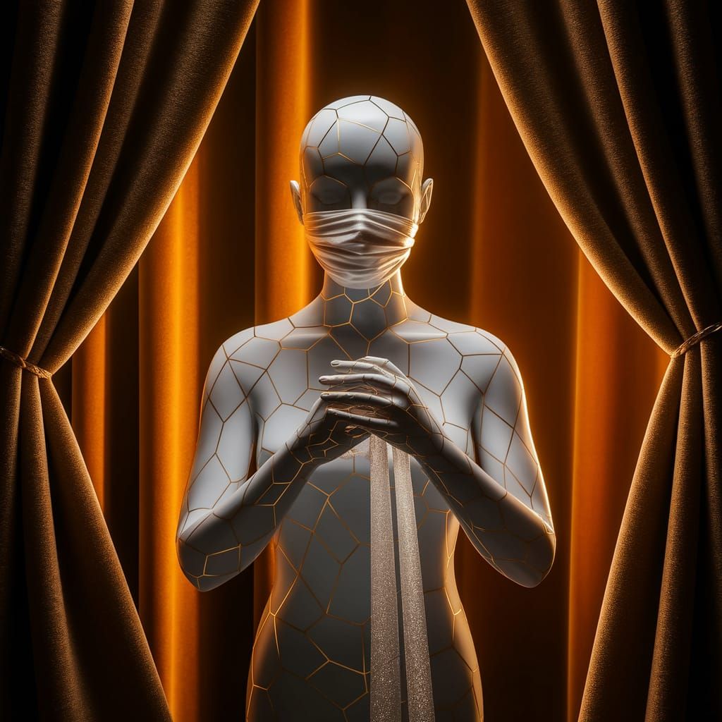 Kintsugi Figure Bound by Ribbons in Tenebrism Light