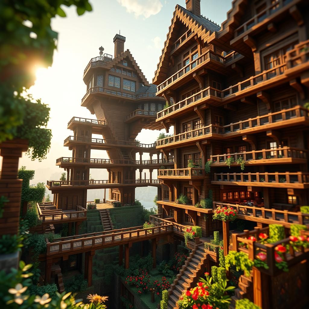 Detailed Minecraft Wooden House at Golden Hour
