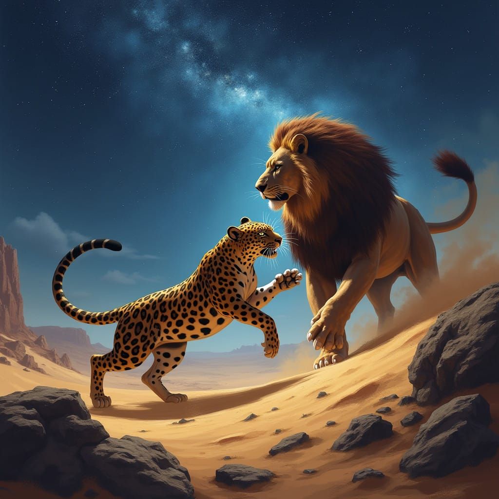 Majestic Jaguar Battles Regal Lion Under Desert Stars