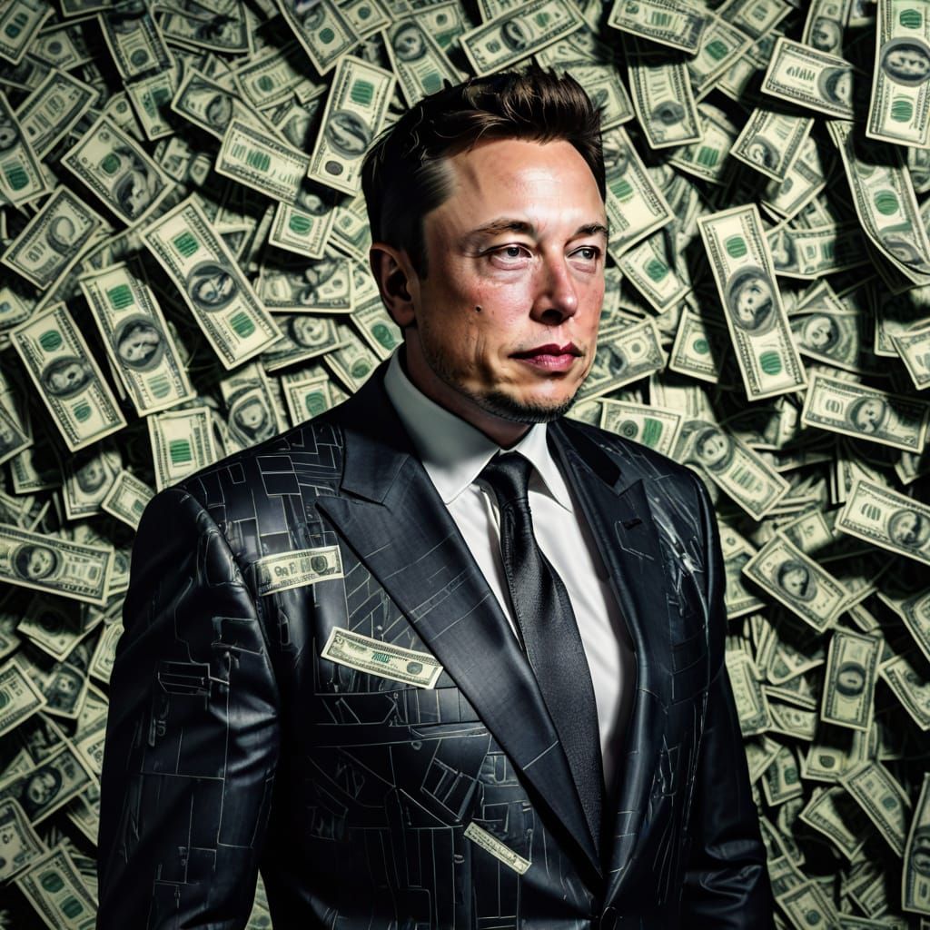 Hyperrealistic Portrait of a Tech Mogul in Dollar Bill Attir...