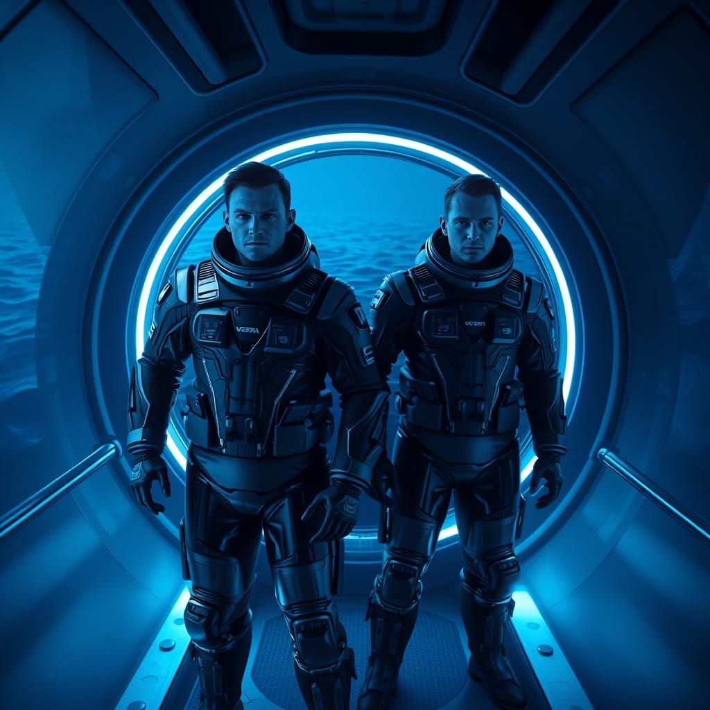 Men in Futuristic Submarine Helm, High-Tech Concept Art