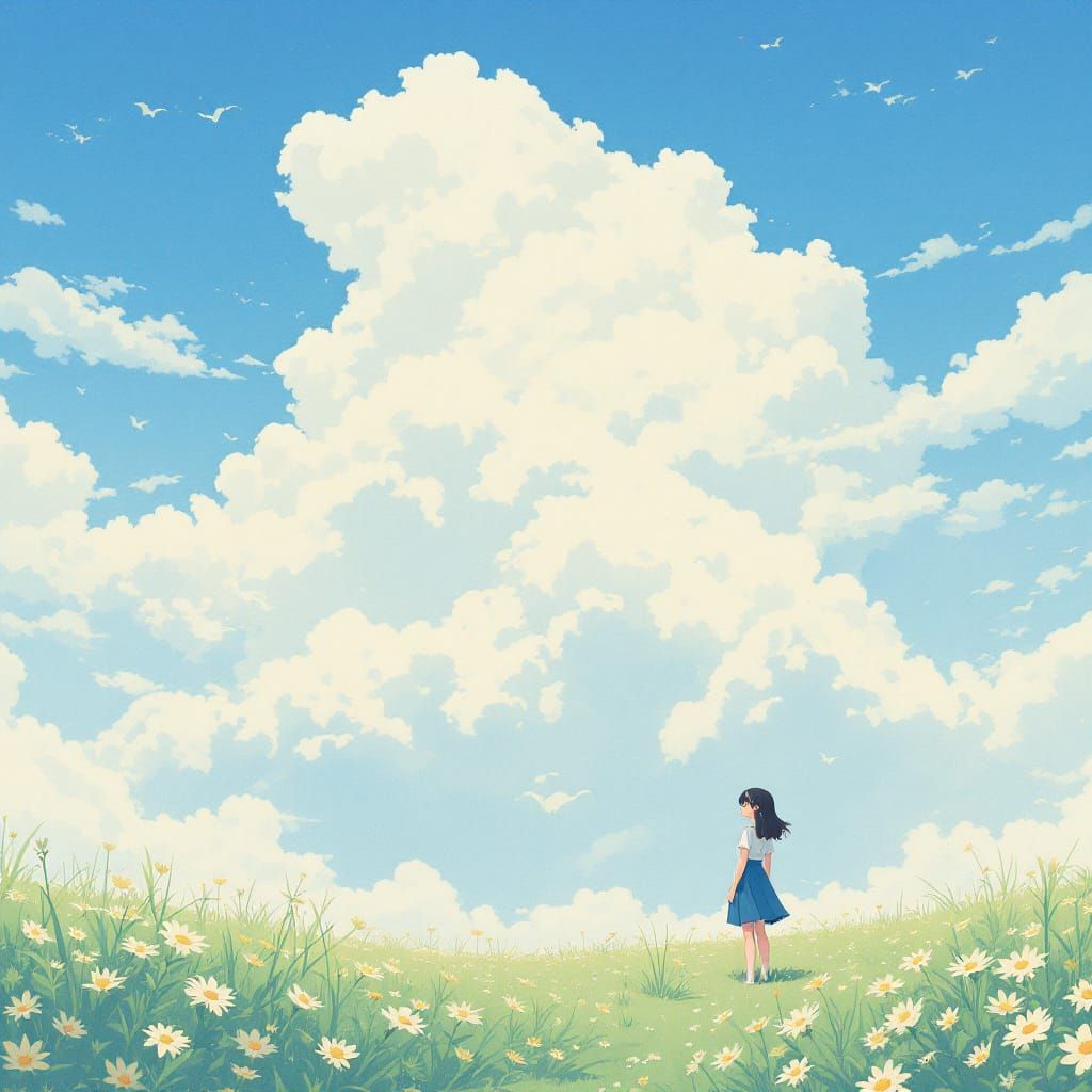 Contemplative Woman in Dreamy Landscape, Anime Style