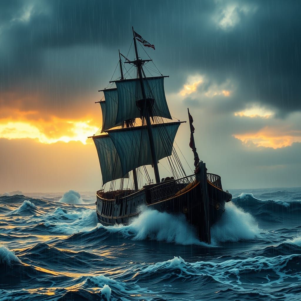 Galleon Adrift: Stormy Ocean at Dawn, Dramatic Lighting