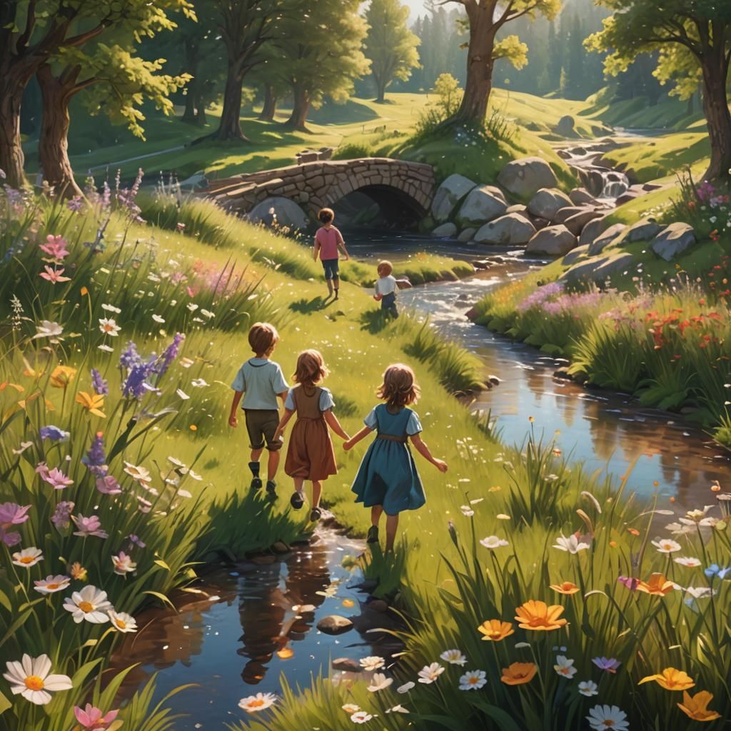 Serene Meadow with Children Playing: Oil Painting
