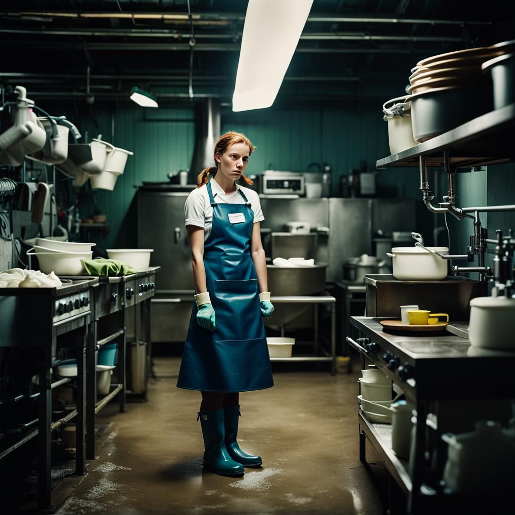 Exhausted Woman Washing Dishes in Industrial Kitchen