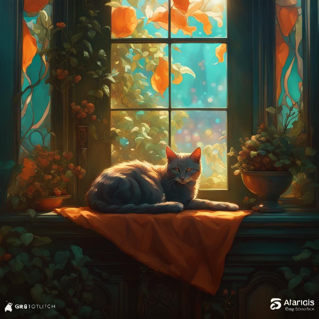 Sleepy Cat in Mysterious Garden, Hyperdetailed Digital Art