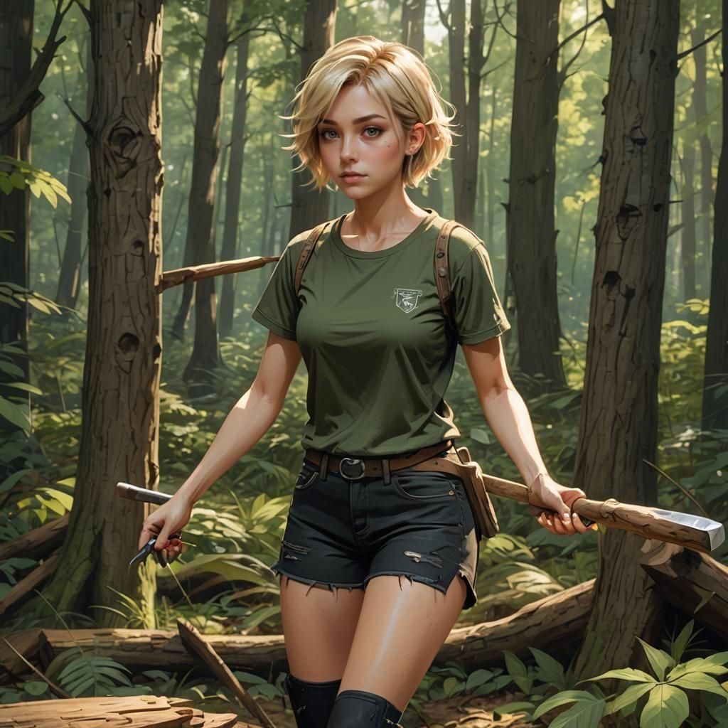Girl Carving Stick in Woods, Hyperdetailed Portrait