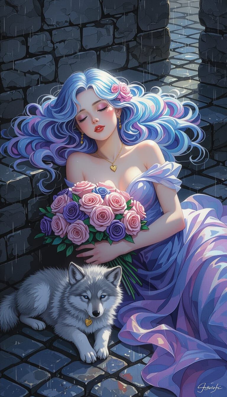 Ariadne with Wolf Cub in Mixed-Media Style