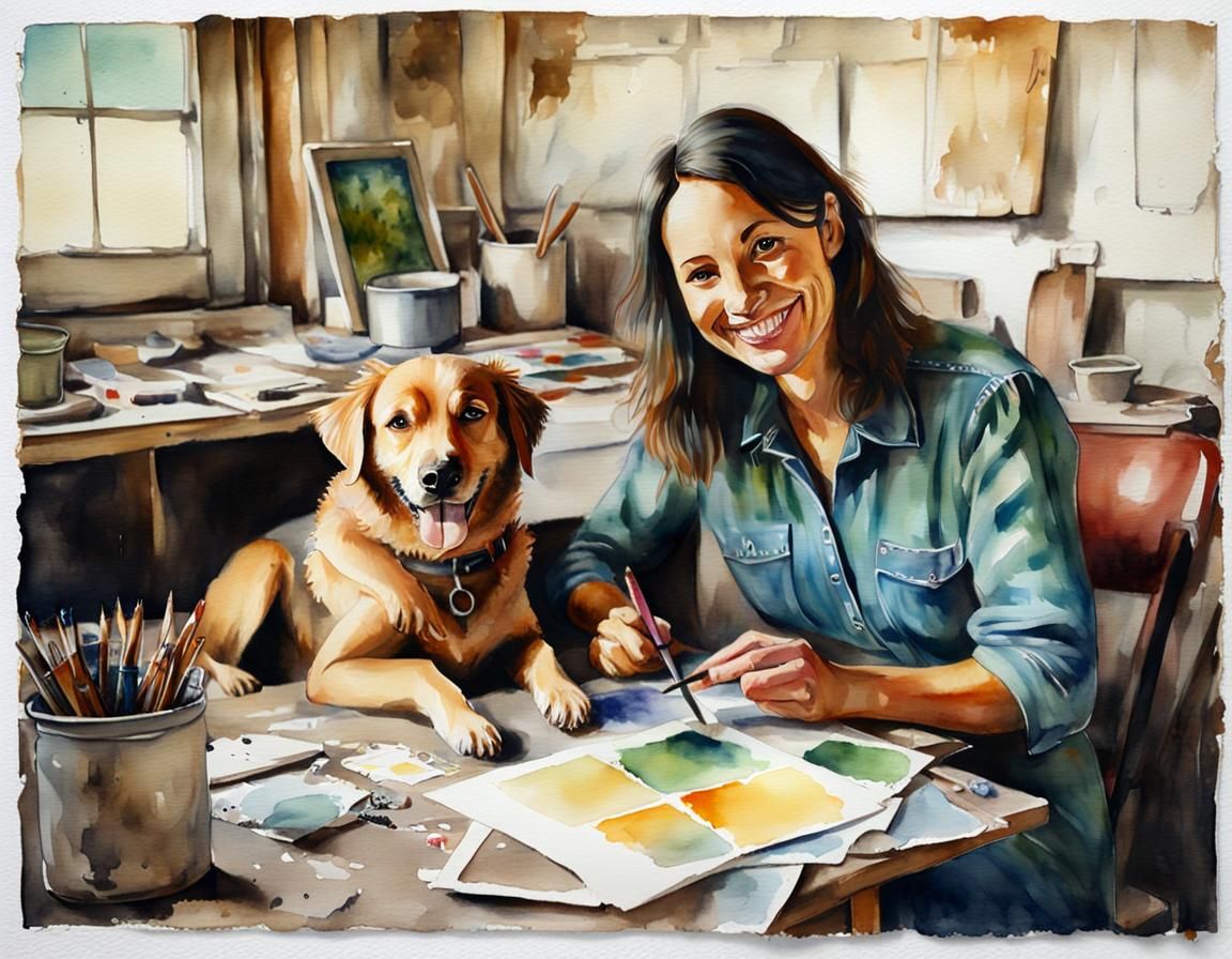 Watercolor Painting of Woman and Dog Polaroid