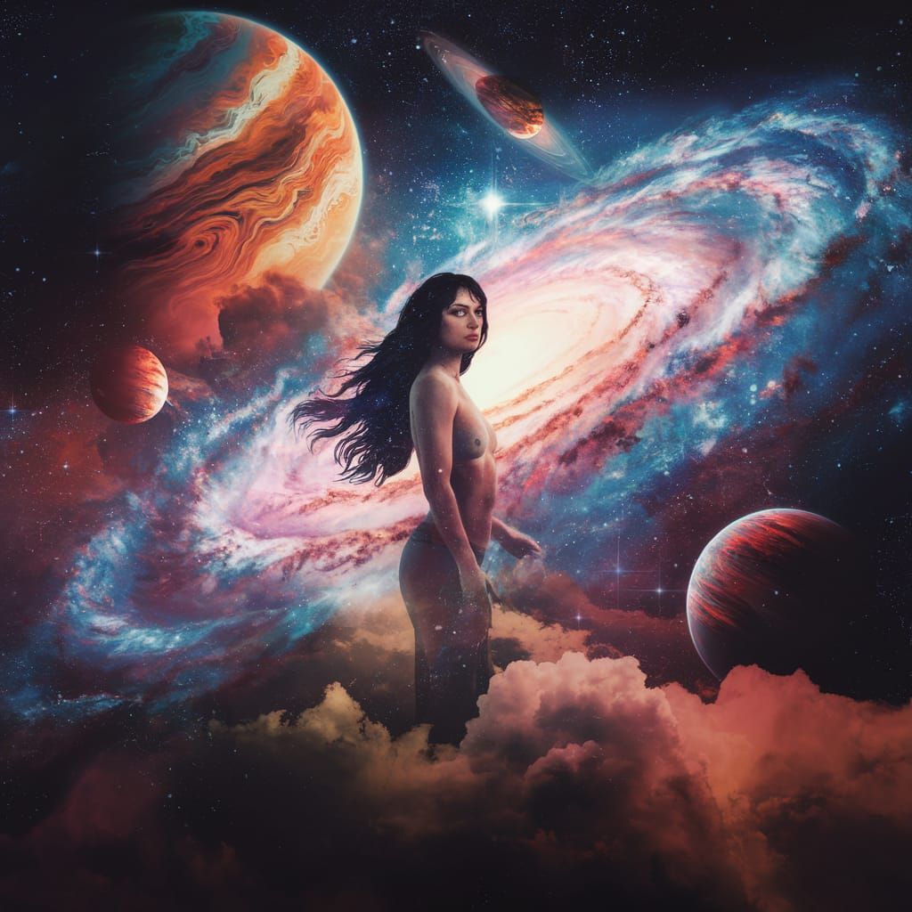 Holographic Astral Woman Amidst Cosmic Landscape