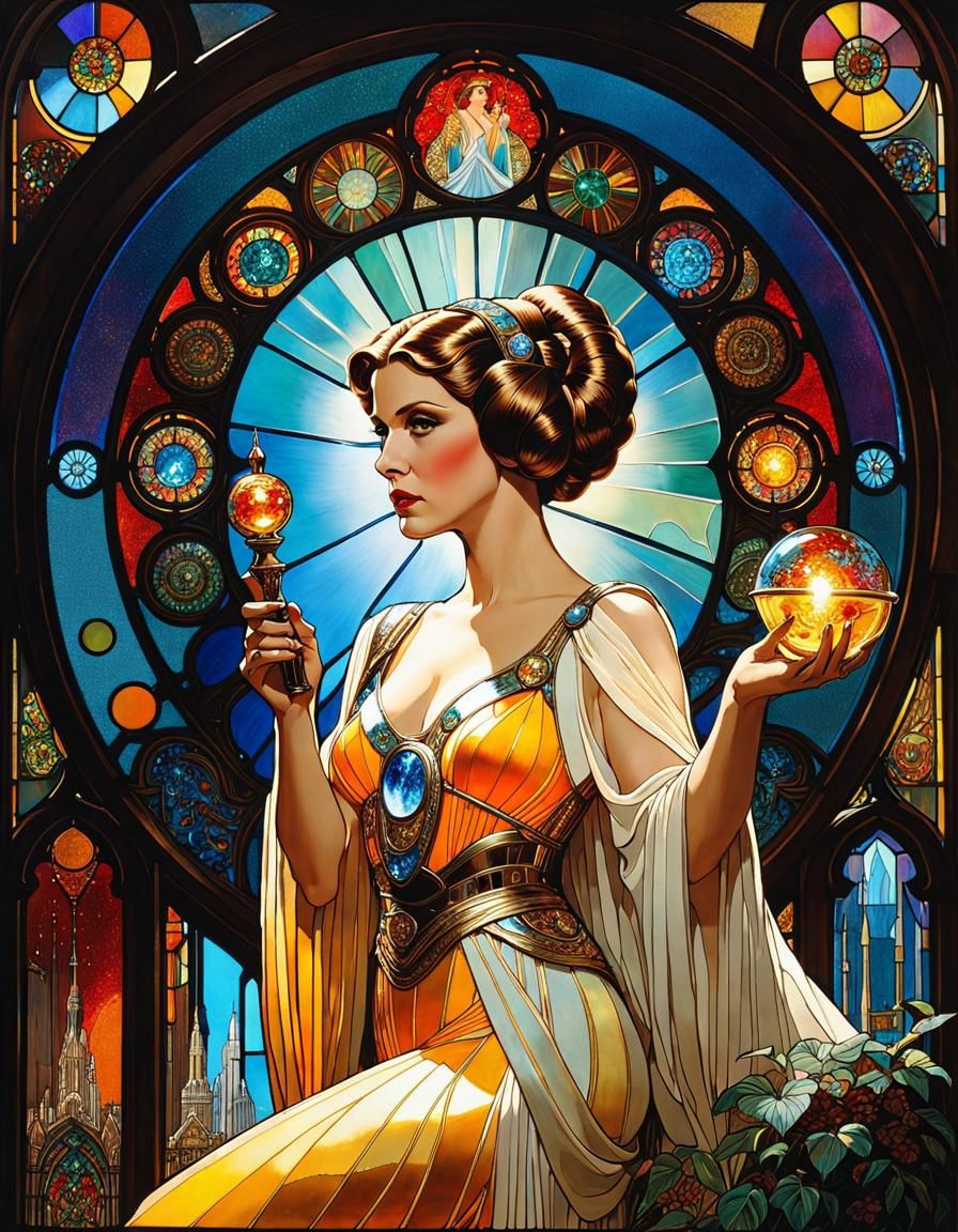 Stained Glass Princess Leia Goddess in Art Nouveau Style
