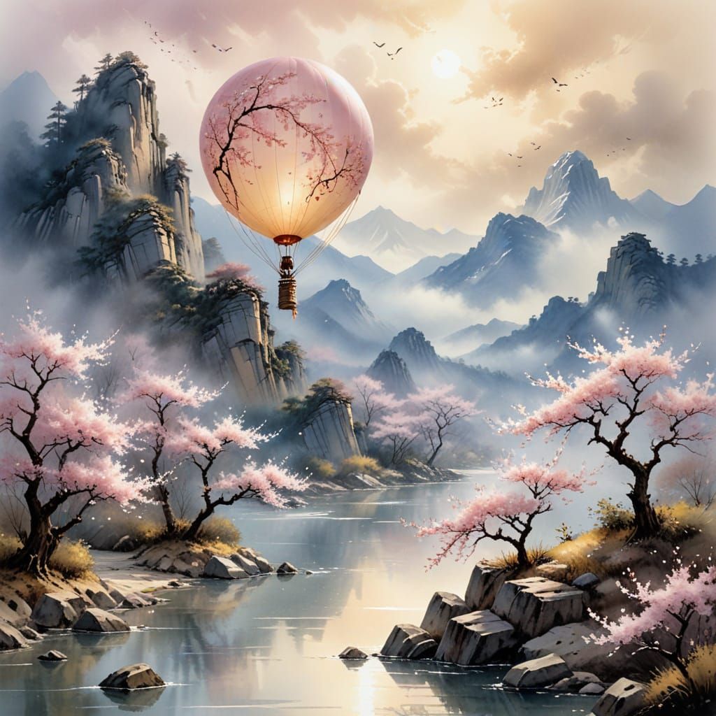 Balloon Among Cherry Blossoms in Chinese Landscape