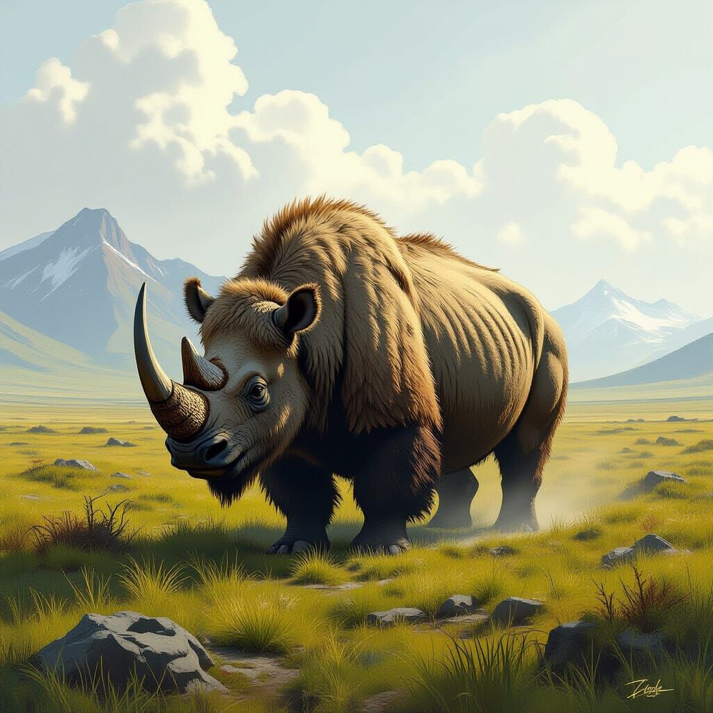 Shaggy Wooly Rhino in Surrealist Landscape