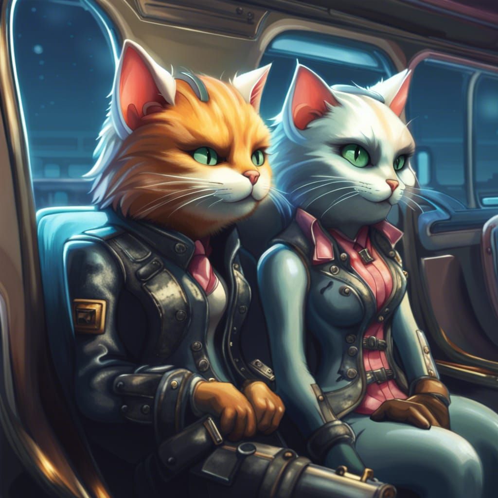 Cyberpunk Cat Couple on Bullet Train