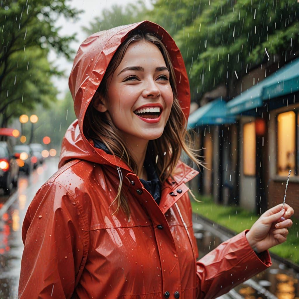 Joyful Girl Catches Raindrops in Watercolor Style