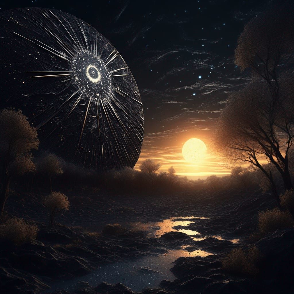 Ethereal Midnight Landscape with Shattered Sun
