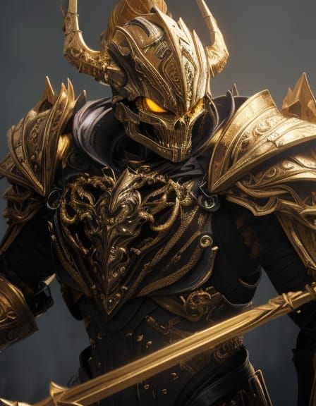 Golden Armored Skeleton in Dark Abstract Style