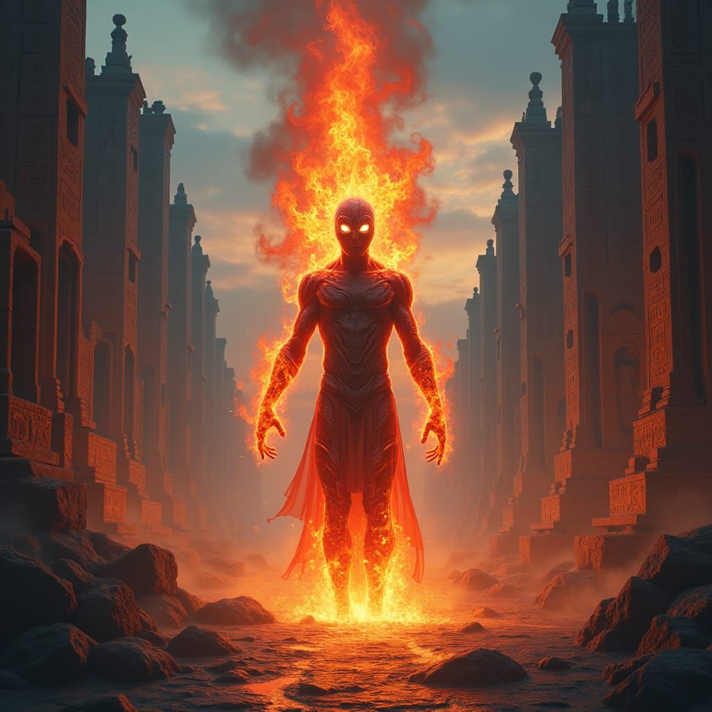 Fiery Symbiote in Mystical Cityscape, Digital Art