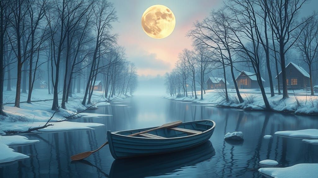 Dreamlike Winter River Scene in Soft Moonlit Hues
