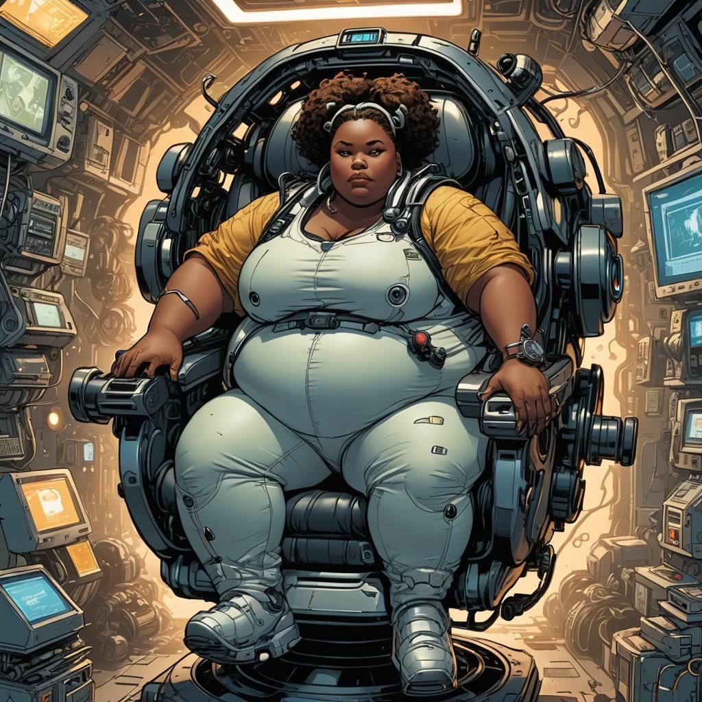 Futuristic Comic Art: Obese Girl in Flying Chair